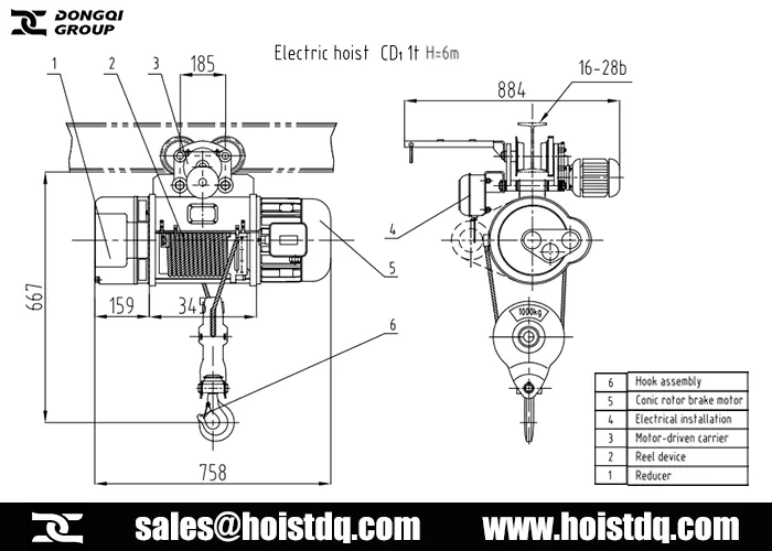 1 ton 6m wire rope electric hoist design