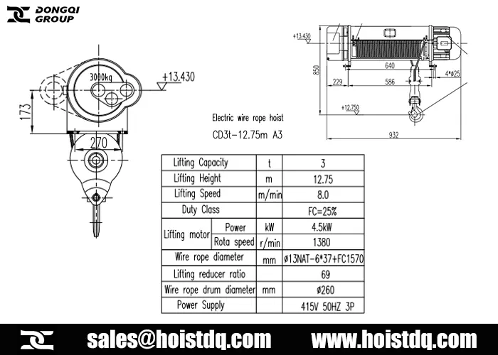 3 ton 12m wire rope electric hoist design